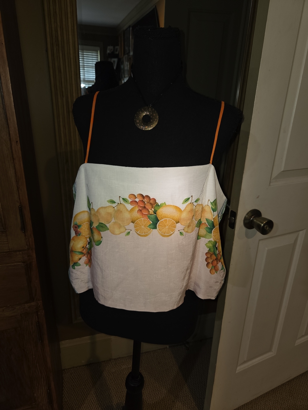 🍊🍐ANTONIO MELANI White Orange Pear-Print Crop Camisole with Orange Straps